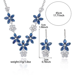 Blue zircon sunflower jewelry set with necklace and earrings on white background
