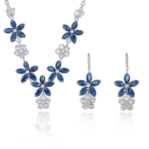 Blue zircon sunflower necklace and earrings set in polished silver fashion jewelry
