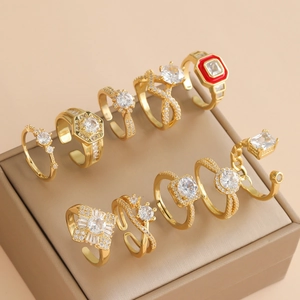 French style star and moon gold open rings with zircon and red enamel details