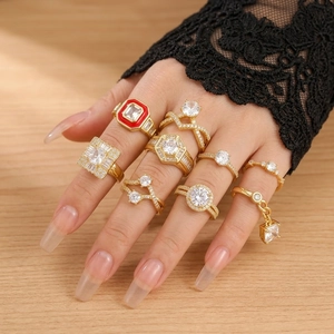 Adjustable Open Ring For Women Zircon Inlaid Gold Plated Alloy Geometric Bohemian French Style Elegant Jewelry Accessory
