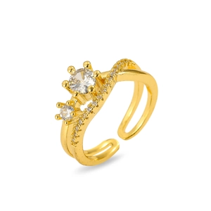 Adjustable gold ring with double-layered bands and sparkling cubic zirconia stones