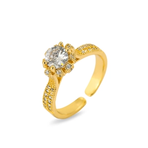Detailed view of adjustable gold ring with large round zircon and micro-pave accents