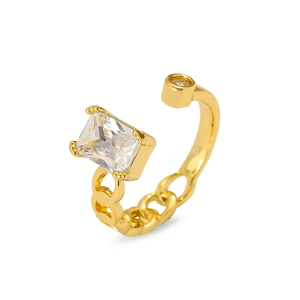 Detail of gold chain link open ring with rectangular zircon and small round stone