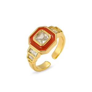 French style star moon open ring with red enamel and square cut crystal in gold finish
