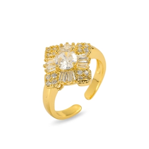 French style star moon gold square ring with zircon cluster in an open adjustable design