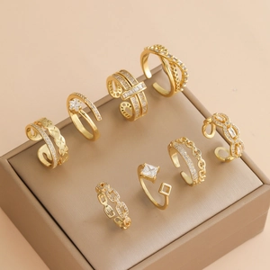 Bagues Ouvertes Réglables Pour Femmes En Alliage Doré Avec Zircon Design Français Étoile Lune Bijoux De Mode Géométriques