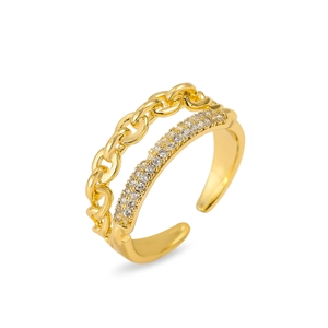 Bague ajustable dorée double rang avec design chaîne cubaine et détails en zircon