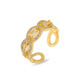 Bague étoile-lune dorée avec cristaux rectangulaires et pavé de diamants, ajustable