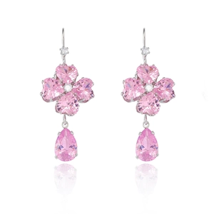 Boucles d'oreilles trèfle en zircon rose et métal argenté avec pendentif poire rose