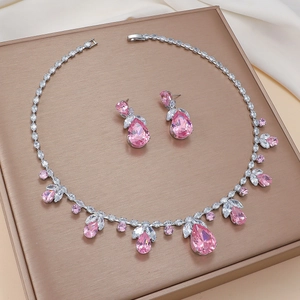 Elegant silver jewelry set with pink teardrop zircon tulip necklace and earrings