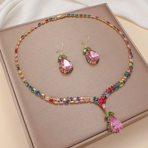 Elegant jewelry set with multicolor zircon tulip necklace and pear-shaped pink drop earrings