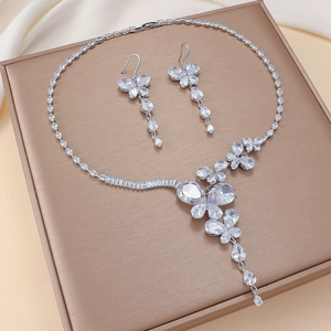 Sparkling zircon butterfly necklace and long earrings set in elegant silver finish