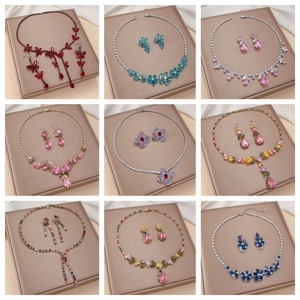 Elegant Butterfly Flower Necklace Earrings Set Gold Plated Copper Cubic Zirconia Jewelry For Wedding Party Women Gift