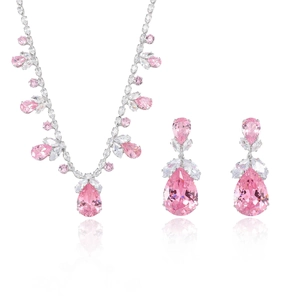 Fashion zircon tulip jewelry set with pink pear-cut crystals and necklace earrings