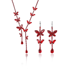Elegant zircon red butterfly necklace and earrings jewelry set for women with y-shaped chain