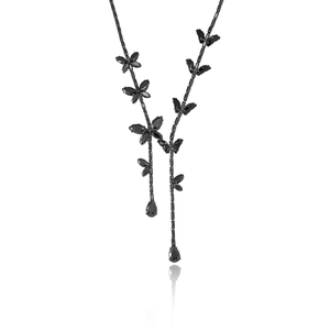 Elegante collana a Y con farfalle nere, ciondoli a goccia e pietre taglio marquise