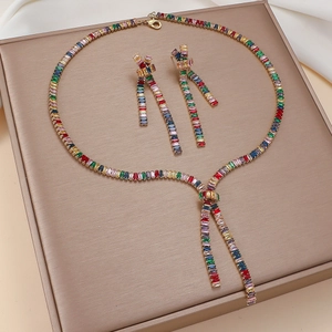 Rainbow Colorful Rectangular Cubic Zirconia Necklace And Earrings Ribbon Bow Tie Design Copper Gold Plated Elegant