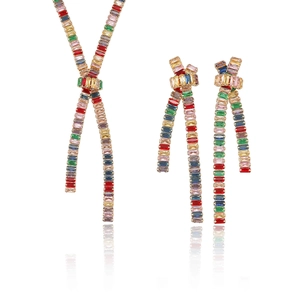 Rainbow cubic zirconia bow necklace and drop earrings set in gold finish