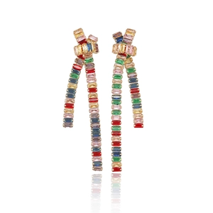 Rainbow cubic zirconia bowknot tassel earrings in gold plating with elegant drop chains