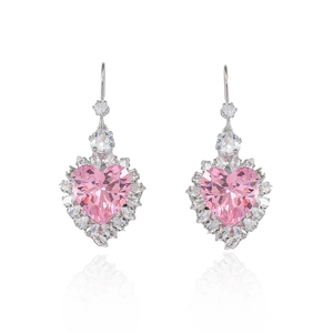 Pink heart-shaped gemstone drop earrings with micro-pave diamonds and silver hooks