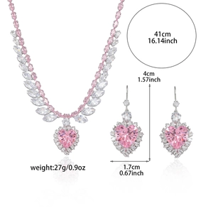Pink heart zircon necklace and earrings jewelry set with sparkling marquise stones