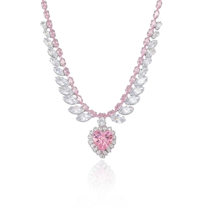 Pink heart-shaped gemstone necklace with zircon leaf chain and sparkling diamond accents