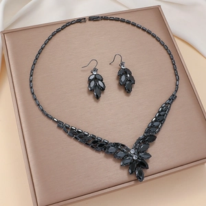 Parure De Bijoux Épi De Blé Acier Titane Cuivre Zircon Marquise Noir Collier En V Boucles D'oreilles Vintage Luxe Pour Femmes