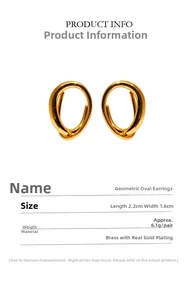 Detail view of brass gold plated geometric oval stud earrings showing dimensions and weight