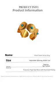 Détail de la bague totem tribal dorée vintage avec turquoise et dimensions du produit