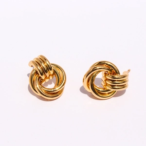 Boucles d'oreilles clous nœud chaîne à double boucle en or poli et métal géométrique