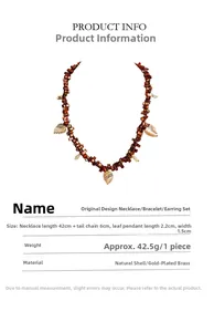 Detailed view of leaf shell necklace measurements with gold-plated brass chain
