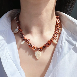 Natural shell leaf bead necklace with brown stone accents in bohemian style