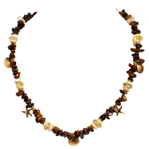 Collier de perles vintage en oeil de tigre et citrine avec pendentifs étoile de mer