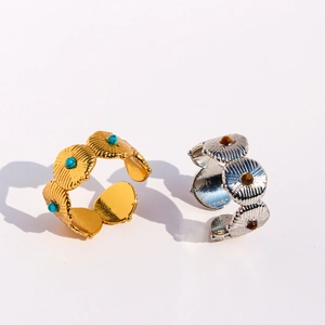 Bagues ajustables de style vintage or et argent avec oeil de tigre et pierres turquoise