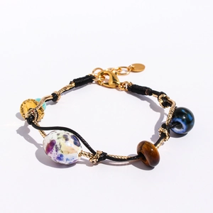 Bracciale in ceramica e occhio di tigre con corda nera e catena in metallo dorato
