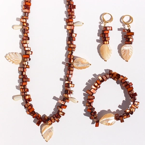 Natural Mother Of Artificial Pearl Shell Leaf Beaded Necklace Bracelet Earrings Gold Plated Brass Bohemian Handmade Plant Jewelry