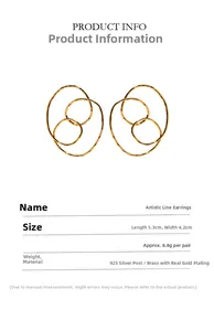 Boucles d'oreilles artistiques en laiton doré, 5,3 cm x 4,2 cm, avec tige en argent 925