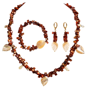 Three-piece jewelry set with brown shell beads and mother of pearl leaf pendants