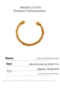 Dettagli del bracciale aperto in ottone placcato oro largo 0,7cm con design a treccia