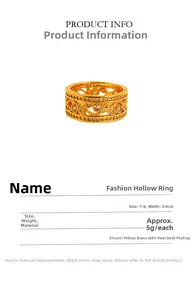Détails de bague ajourée en zircone dorée montrant les dimensions et le poids