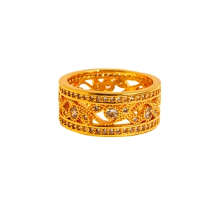 Bague vintage en laiton doré avec motif de feuilles évidées et zircons scintillants