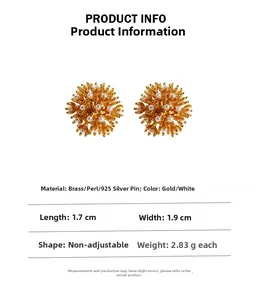 Detailed view of gold firework pearl stud earrings with size and 925 silver needle specs