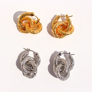 Boucles d'Oreilles Créoles Vintage Martelées pour Femmes Laiton Plaqué Or Argent Double Anneaux Entrelacés Bijoux