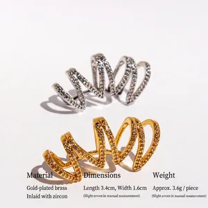 Boucles d'oreilles manchettes ondulées multicouches en or et argent avec zircons sertis