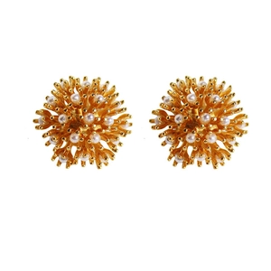 French vintage fireworks pearl stud earrings in gold floral starburst design
