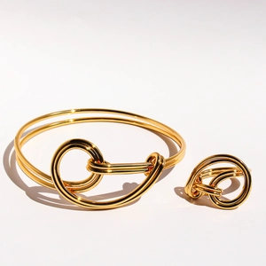 Minimalist Brass Knotted Open Bangle Bracelet And Interlocking Hollow Line Ring For Women Gold Silver Plated Statement Jewelry
