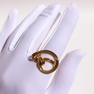Polished gold interlaced double-ring band with modern 3D linked design on white glove