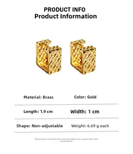 Detail view of gold mesh woven earrings showing 1.9cm height and 1cm width dimensions