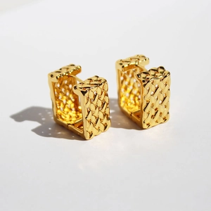 Vintage Square Brass Hoop Earrings With Woven Lattice Texture Mesh Hollow Out Geometric Gold Plated Jewelry For Women