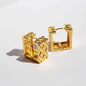 Modern gold plated square hoop earrings featuring a sophisticated woven texture design